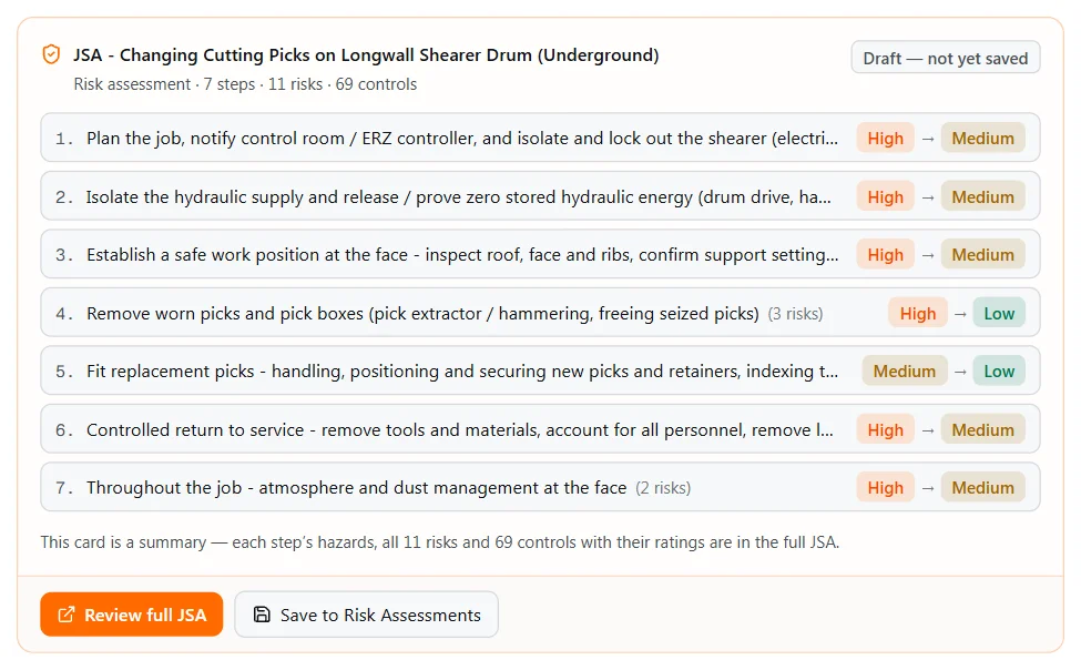 DeXMI task JSA summary card for changing cutting picks on a longwall shearer drum: 7 steps, 11 risks, 69 controls, marked Draft, not yet saved