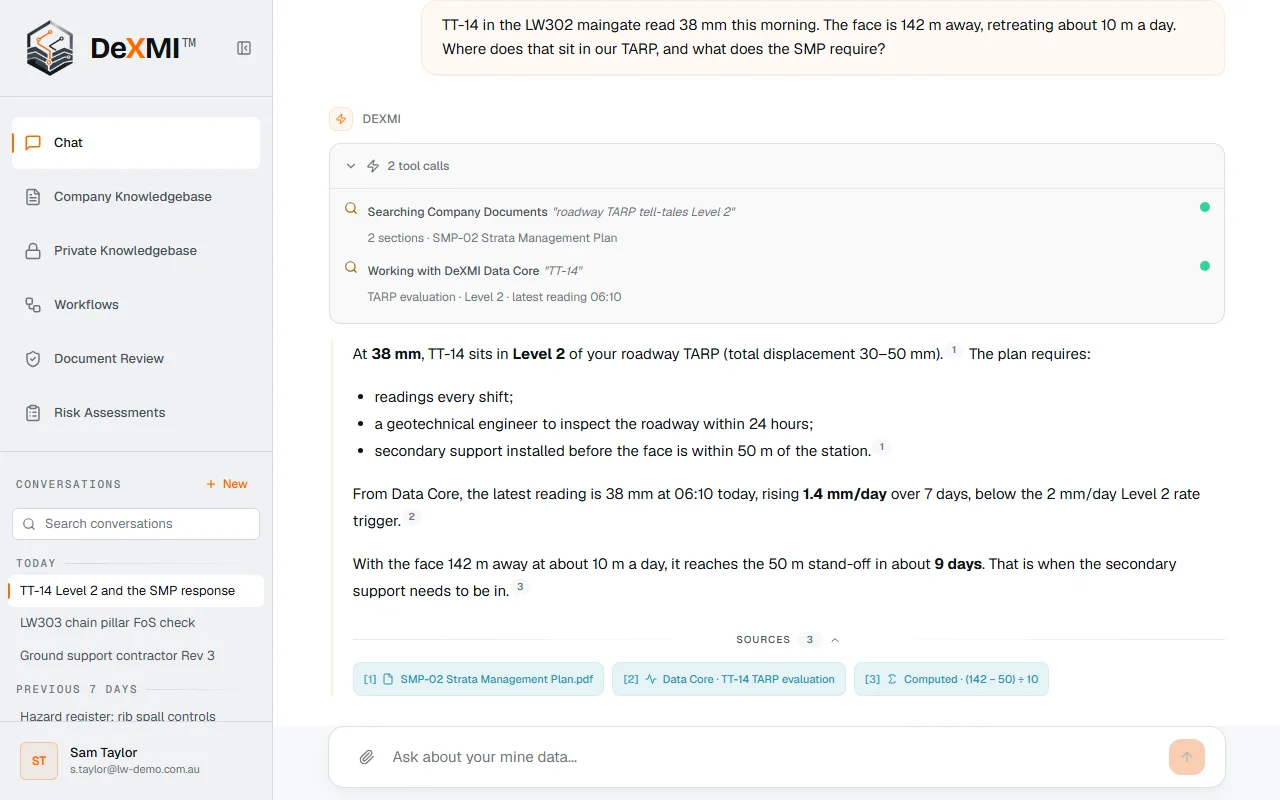 DeXMI answering a question about a tell-tale reading from the site’s strata management plan and DeXMI Data Core, each claim linked to its source
