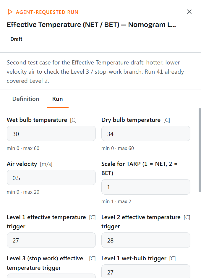 Live DeXMI screen: an agent-requested run of the effective temperature workflow, with the proposed inputs waiting for a person to accept or deny